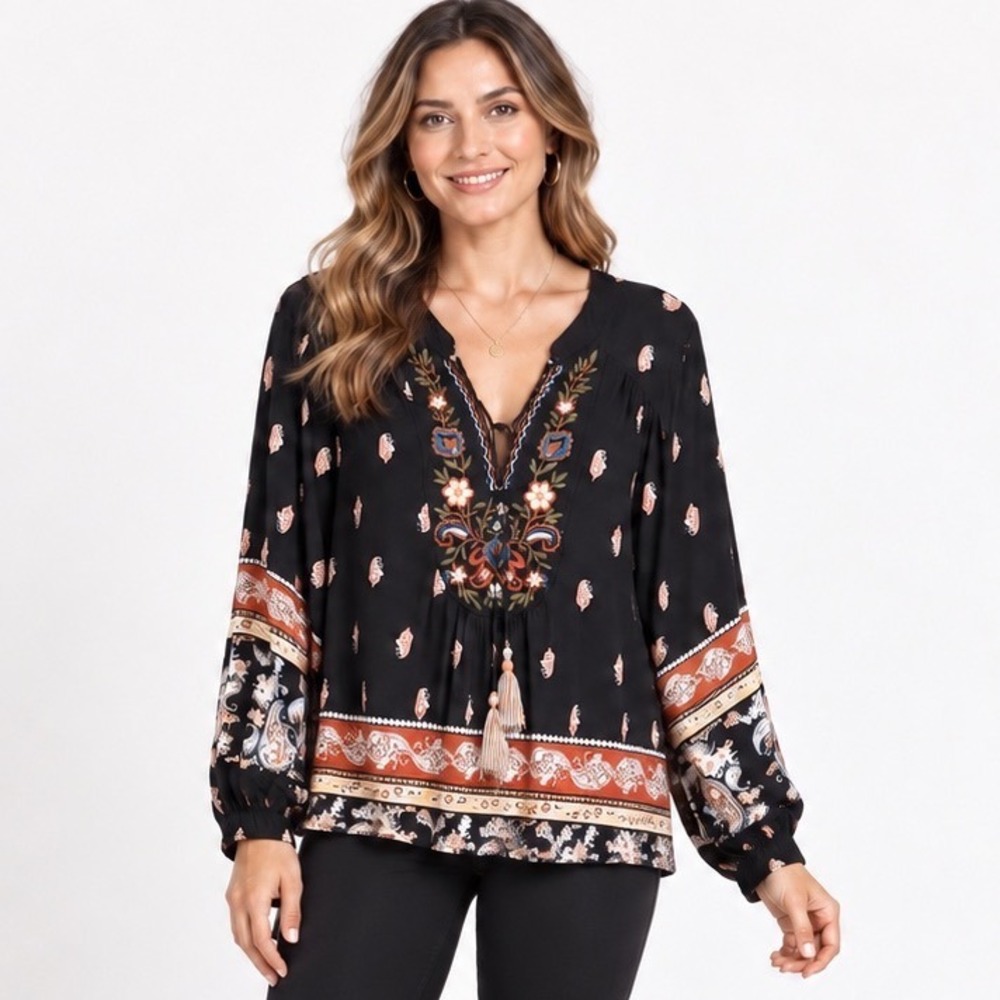 New Directions XL Black Embroidered Paisley Boho Chic Tassel Tie Top Blouse